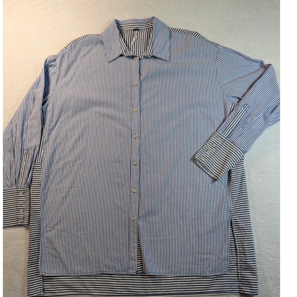Free People Blue White Nautical Striped Oversized Button Down Shirt Tunic Small